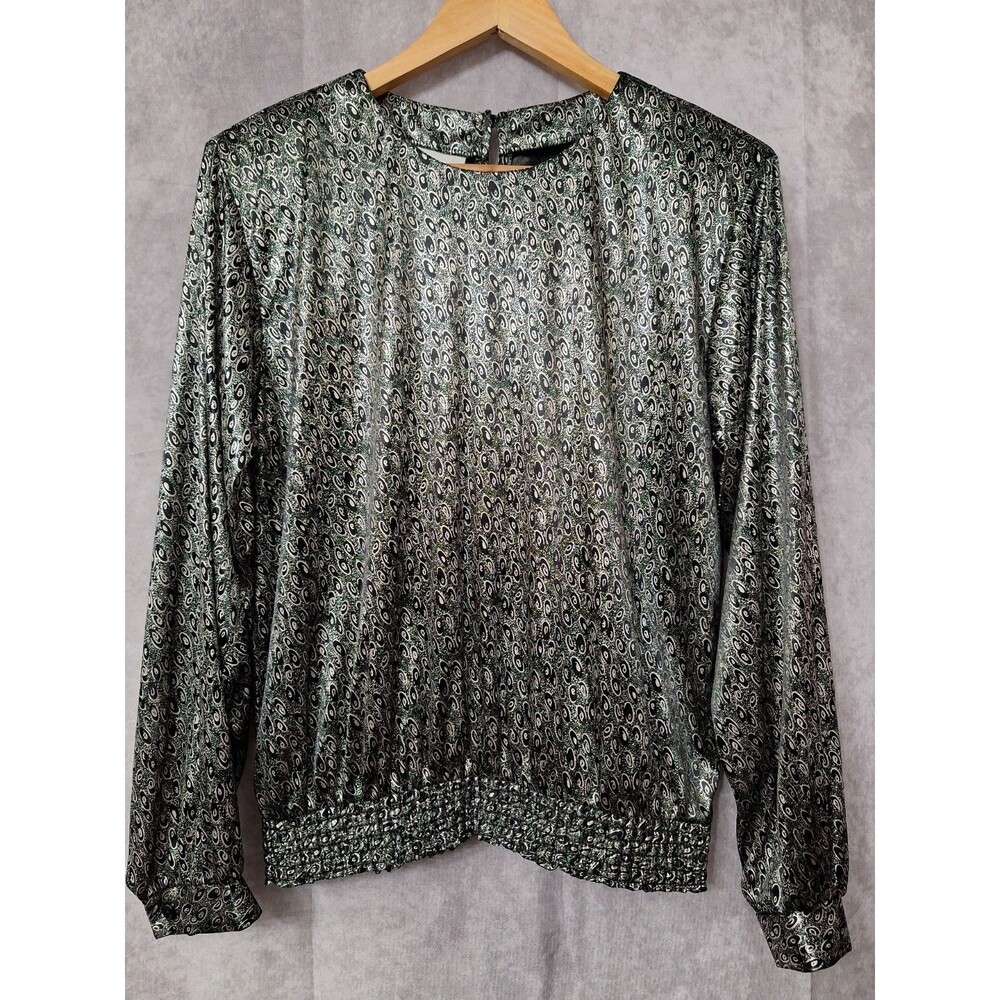 Vtg D.K. GOLD 90's Black Metallic Sheer Blouson Top Small Quiet Luxury Mob Wife